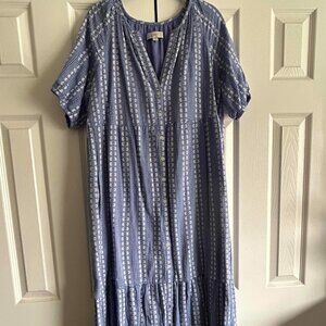 Loft Blue Floral Print Midi Dress Button Closure (Front), Size L